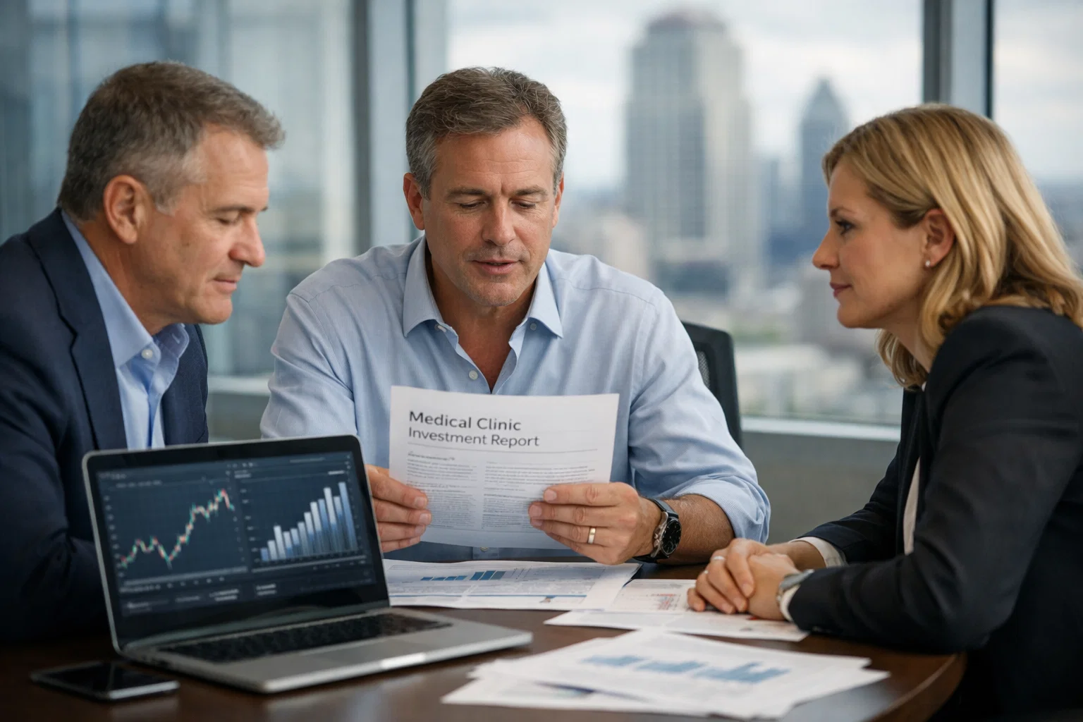 Professionals discussing investment reports and business charts in a modern workspace.